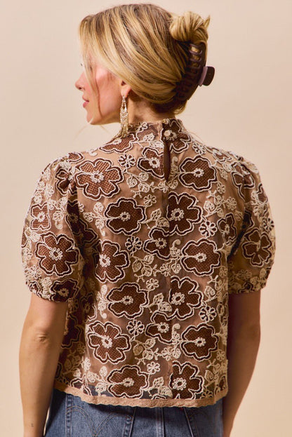 SO ME Texture Floral Mesh Top With Back Button Closure | Tops | 15