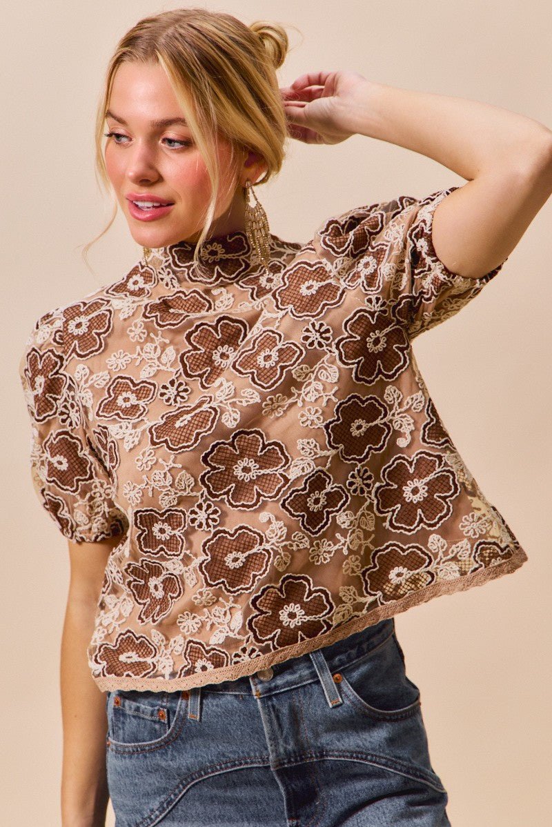 SO ME Texture Floral Mesh Top With Back Button Closure | Tops | 8