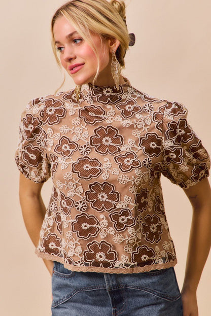 SO ME Texture Floral Mesh Top With Back Button Closure | Tops | 5