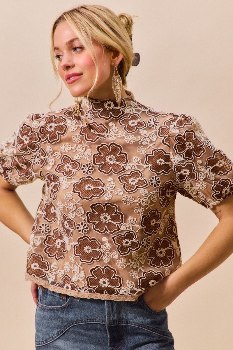 SO ME Texture Floral Mesh Top With Back Button Closure | Tops | 6