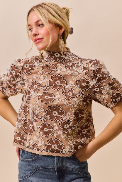 SO ME Texture Floral Mesh Top With Back Button Closure | Tops | 6