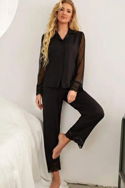 Spliced Lace Lapel Collar Pajama Set - Black / S - Pajamas