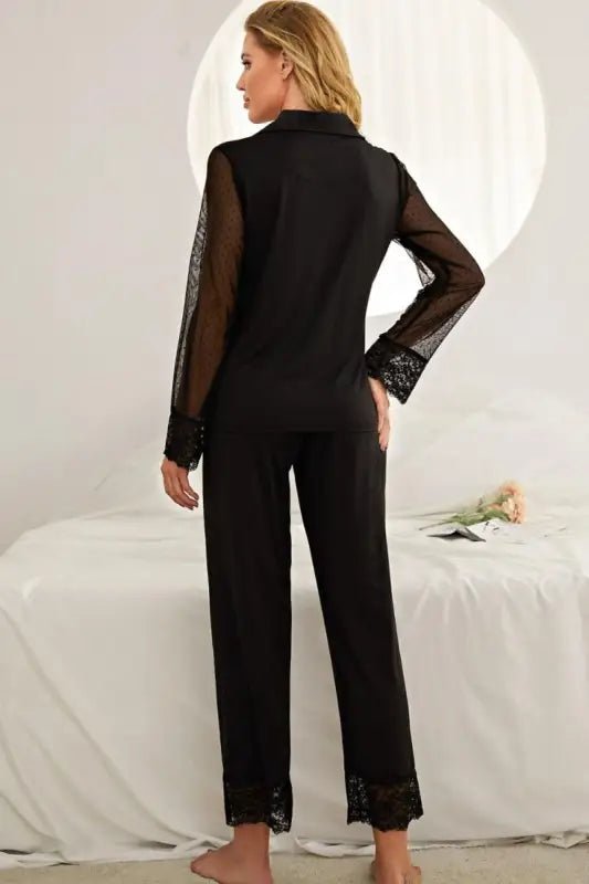 Spliced Lace Lapel Collar Pajama Set - Pajamas