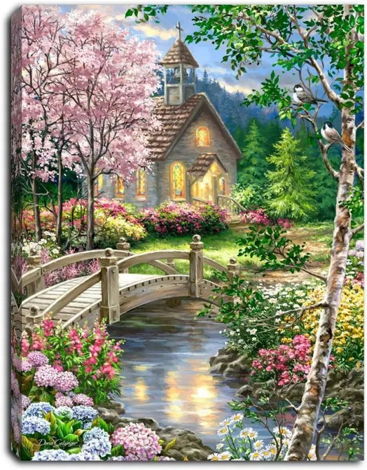 Spring Chapel 8x6 Lighted Tabletop Canvas - Shelf & Wall Art picturesque church garden scene
