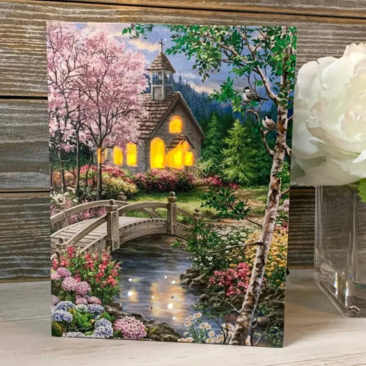 Spring Chapel 8x6 Lighted Tabletop Canvas - Shelf & Wall Art illuminated church landscape painting