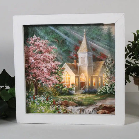 Spring Chapel Lighted Shadow Box - Shelf & Wall Art framed illuminated church painting