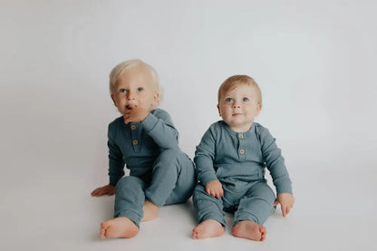 Storm Blue Baby Ribbed Playsuit with pockets by Three Little Tots - Toddler Pajamas
