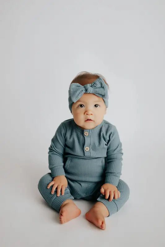 Storm Blue Baby Ribbed Playsuit with pockets by Three Little Tots - Toddler Pajamas