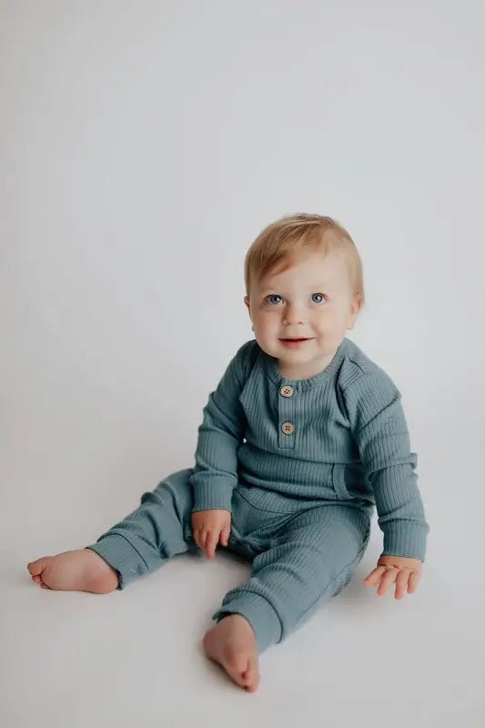 Storm Blue Baby Ribbed Playsuit with pockets by Three Little Tots - Toddler Pajamas