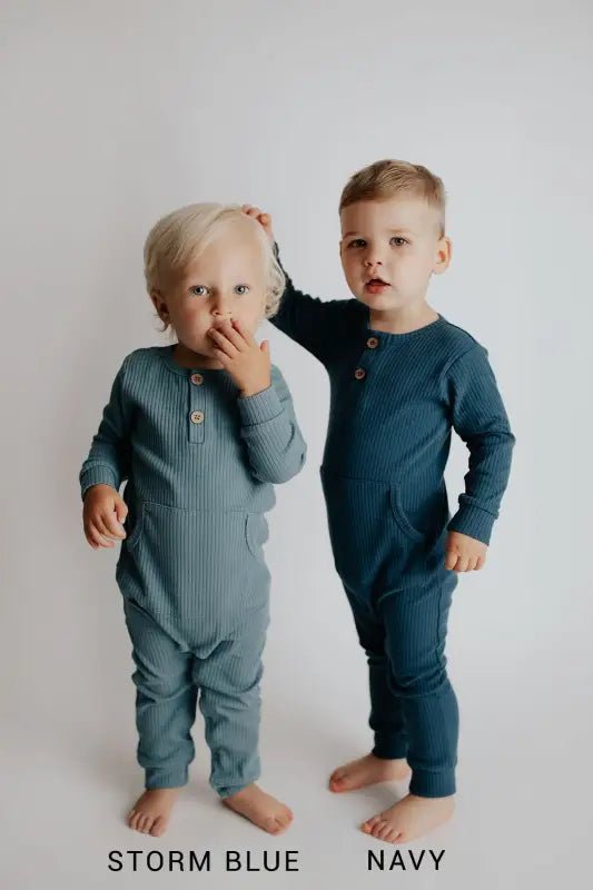 Storm Blue Baby Ribbed Playsuit with pockets by Three Little Tots - Toddler Pajamas