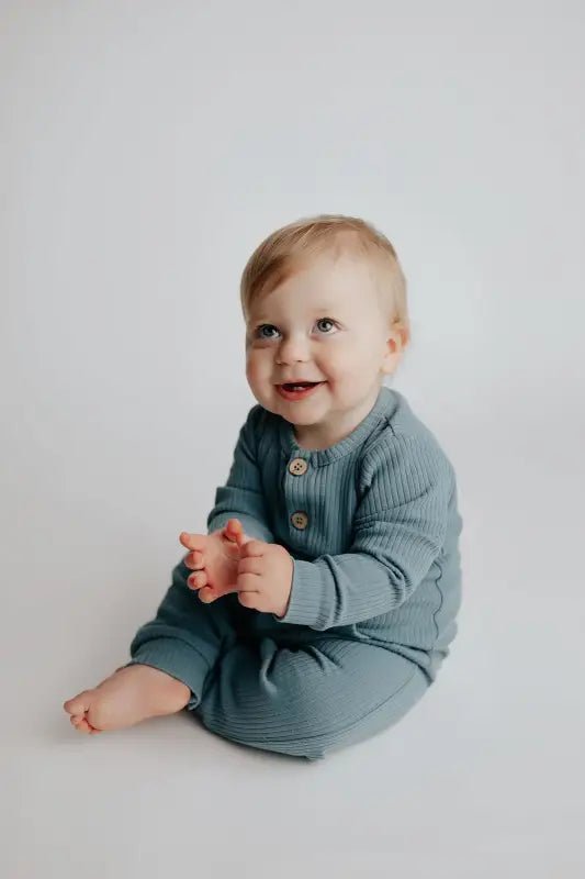 Storm Blue Baby Ribbed Playsuit with pockets by Three Little Tots - Toddler Pajamas