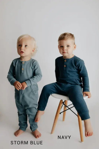 Storm Blue Baby Ribbed Playsuit with pockets by Three Little Tots - Toddler Pajamas