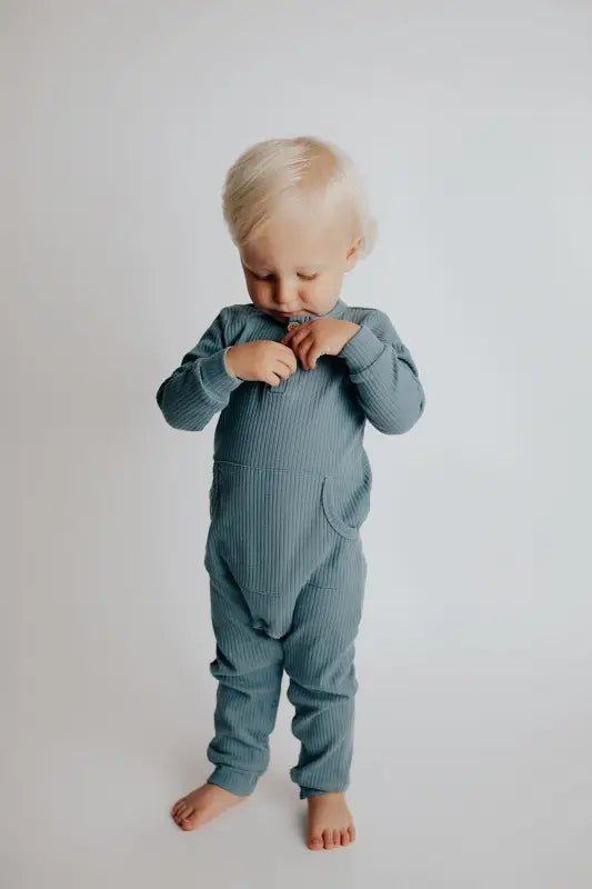 Storm Blue Baby Ribbed Playsuit with pockets by Three Little Tots - Toddler Pajamas