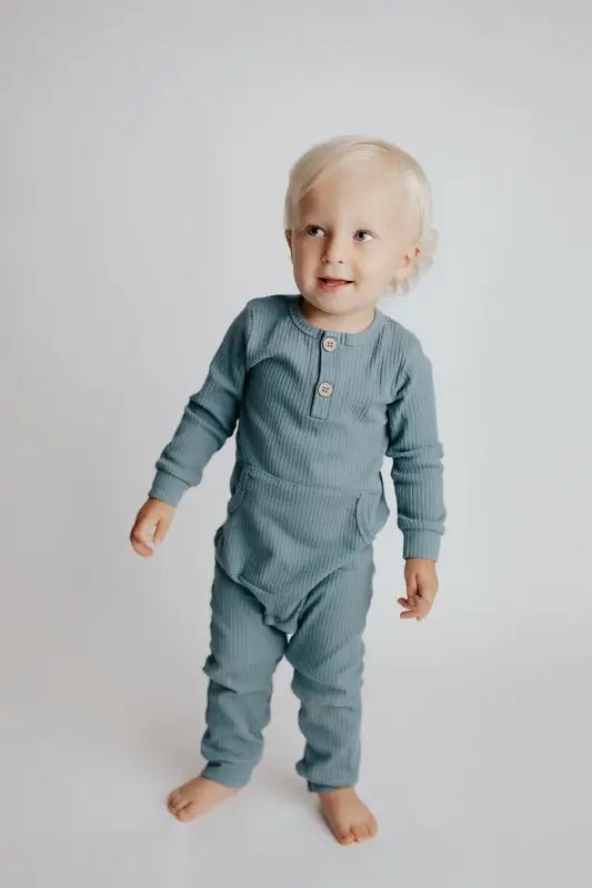 Storm Blue Baby Ribbed Playsuit with pockets by Three Little Tots - Toddler Pajamas