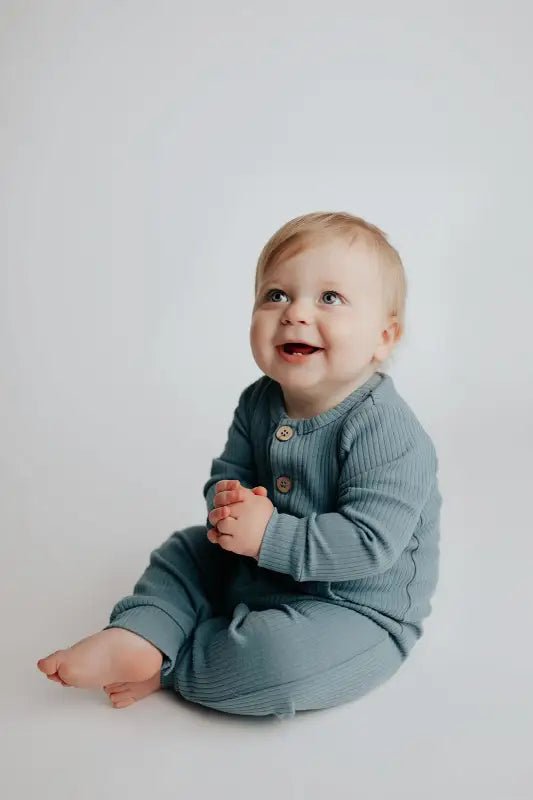 Storm Blue Baby Ribbed Playsuit with pockets by Three Little Tots - Toddler Pajamas