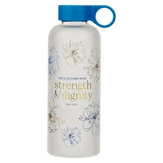 Strength and Dignity Blue Floral Glass Water Bottle | Water Bottles | 1