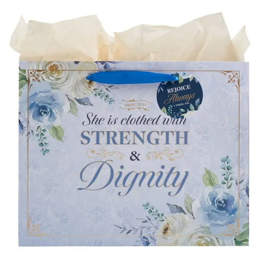 Strength and Dignity Blue Roses Large Landscape Gift Bag - Proverbs 31:25 - Gift Bags