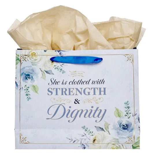Strength and Dignity Blue Roses Large Landscape Gift Bag - Proverbs 31:25 - Gift Bags
