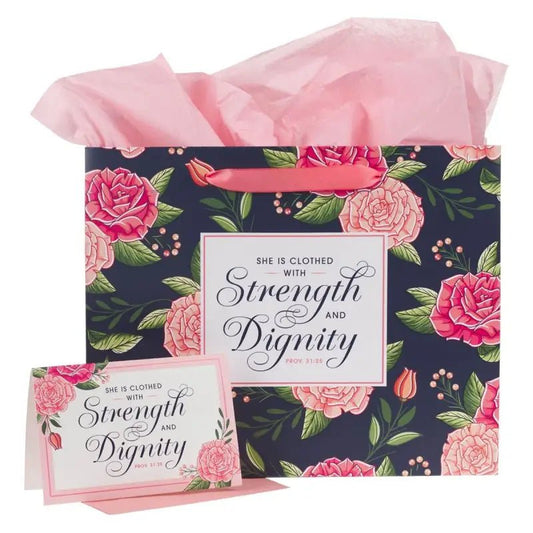Strength and Dignity Pink Rose Large Landscape Gift Bag with Card Set - Proverbs 31:25 - Gift Bags
