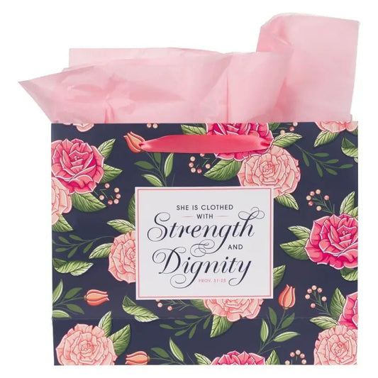 Strength and Dignity Pink Rose Large Landscape Gift Bag with Card Set - Proverbs 31:25 - Gift Bags