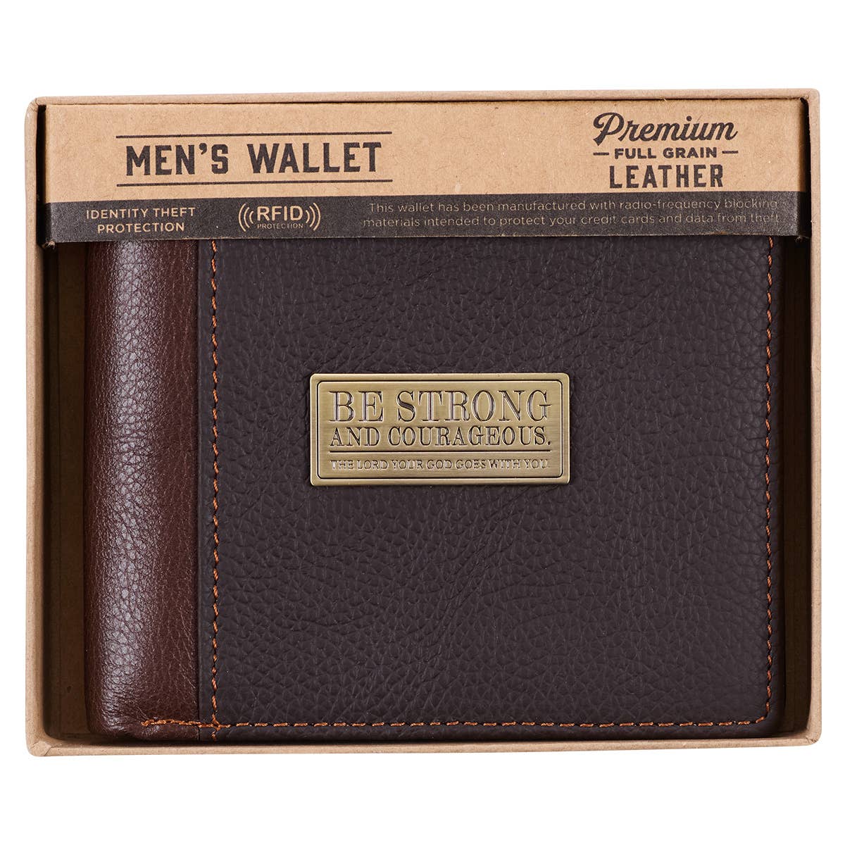 Strong and Courageous Two-tone Brown Full Grain Leather Wallet - Joshua 1:9 | 2FruitBearers