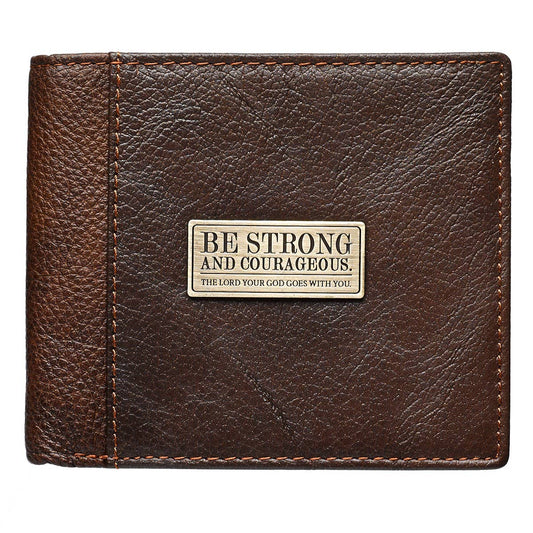 Strong and Courageous Two-tone Brown Full Grain Leather Wallet - Joshua 1:9 | 2FruitBearers