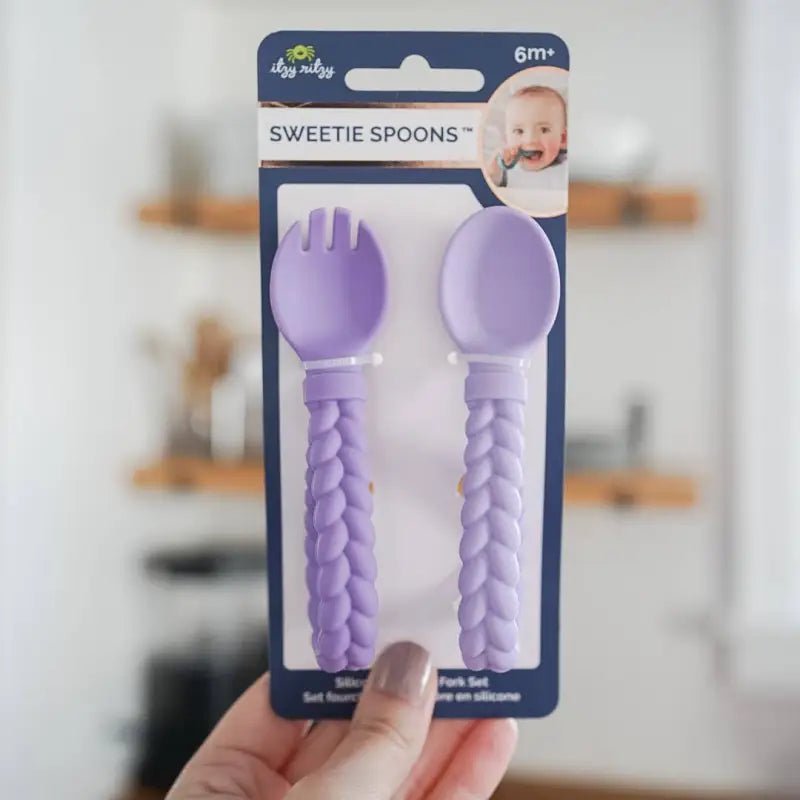 Sweetie Spoons™ Spoon + Fork Set - Baby Spoon & Fork Sets purple baby spoon fork set