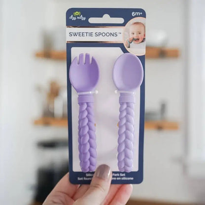 Sweetie Spoons™ Spoon + Fork Set - Baby Spoon & Fork Sets purple baby spoon fork set