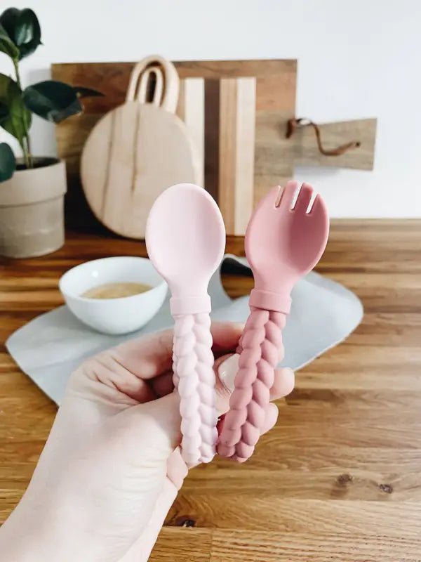 Sweetie Spoons™ Spoon + Fork Set - Baby Spoon & Fork Sets pink silicone baby utensils