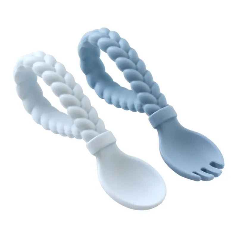 Sweetie Spoons™ Spoon + Fork Set - Blue - Baby Spoon & Fork Sets braided silicone baby spoon fork