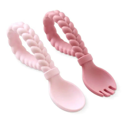 Sweetie Spoons™ Spoon + Fork Set - Pink - Baby Spoon & Fork Sets pink silicone baby spoon fork