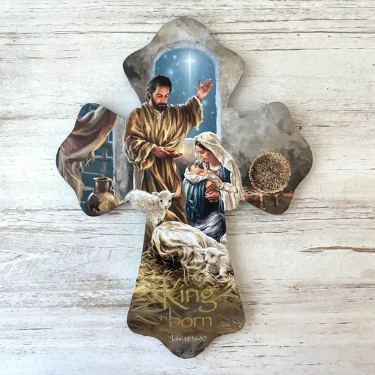 The King is Born Wooden Cross - Shelf & Wall Art nativity scene cross