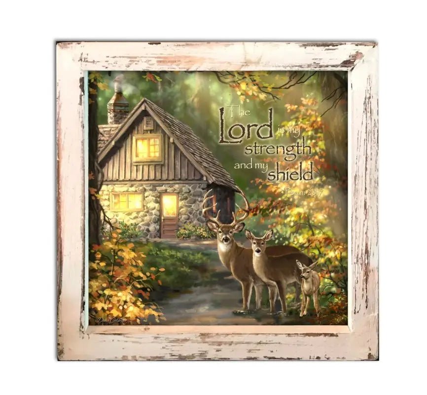 The Lord is My Strength Lighted Shadow Box - Shelf & Wall Art framed cabin deer artwork