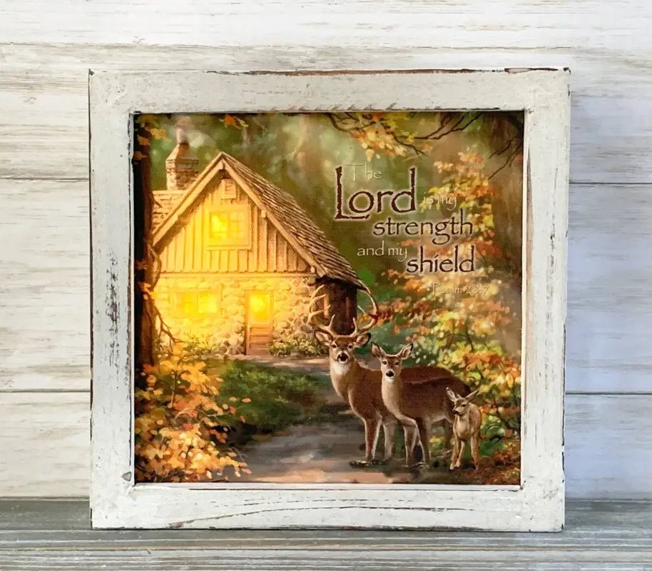 The Lord is My Strength Lighted Shadow Box - Shelf & Wall Art framed deer cabin artwork
