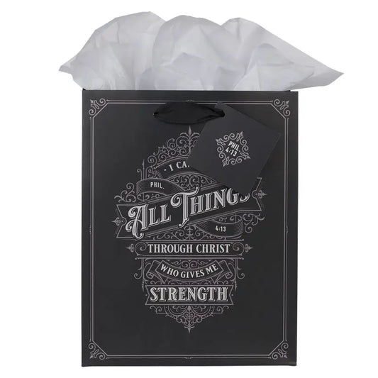 Through Christ Black and Silver Medium Gift Bag - Philippians 4:13 - Gift Bags