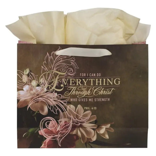 Through Christ Fluted Iris Brown and Pink Large Landscape Gift Bag with Card - Philippians 4:13 - Gift Bags