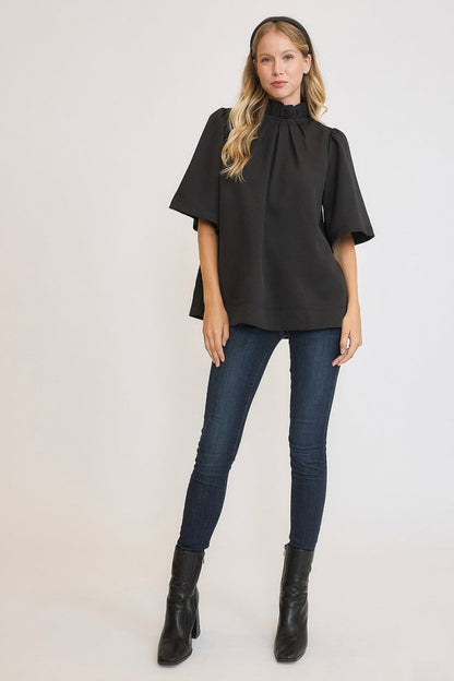 Umgee Bow Tie Back Mock Neck Half Sleeve Blouse | Tops | 4