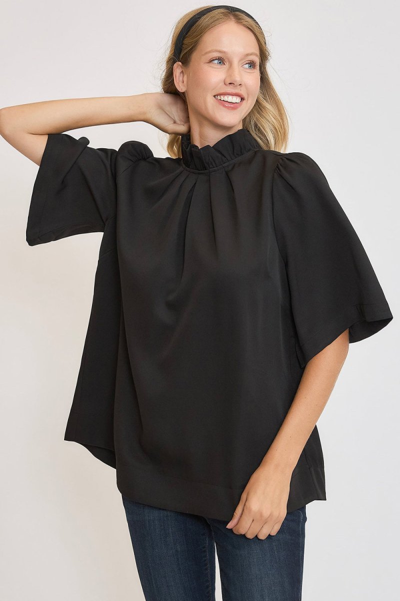 Umgee Bow Tie Back Mock Neck Half Sleeve Blouse | Tops | 1