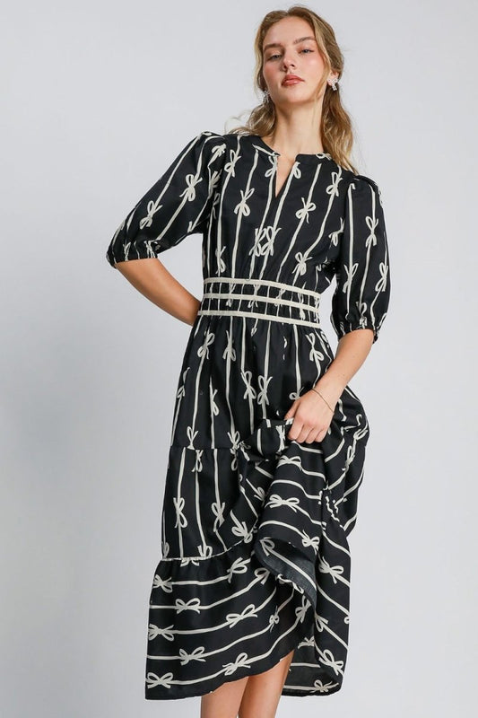 Umgee Bow Tie Print Notched Contrast Velvet Trim Midi Dress | Dresses | 1