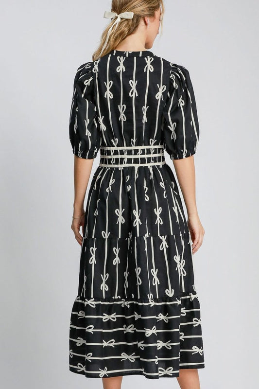 Umgee Bow Tie Print Notched Contrast Velvet Trim Midi Dress | Dresses | 2