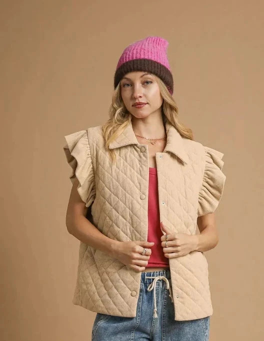 Umgee Corduroy Quilted Ruffle Sleeve Vest | Vests | 4
