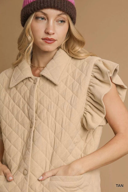 Umgee Corduroy Quilted Ruffle Sleeve Vest | Vests | 5