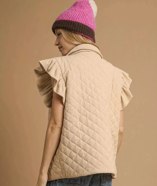 Umgee Corduroy Quilted Ruffle Sleeve Vest | Vests | 2