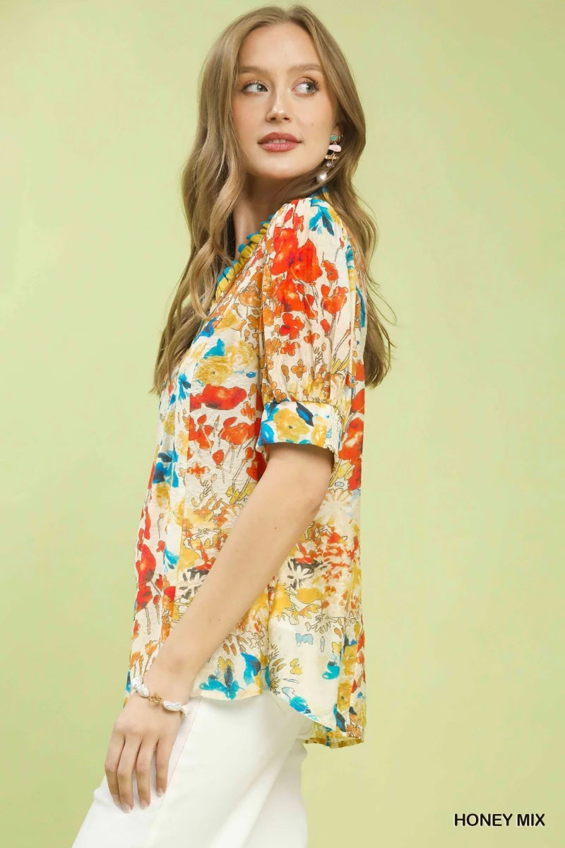 Umgee Floral Contrast Pleat Neck Top | Tops | 2