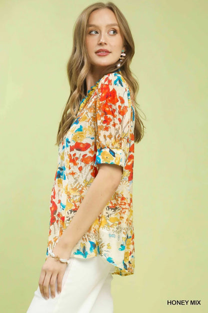 Umgee Floral Contrast Pleat Neck Top | Tops | 2