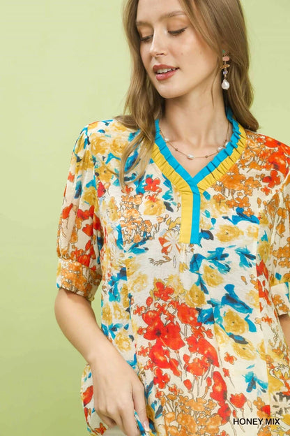 Umgee Floral Contrast Pleat Neck Top | Tops | 5