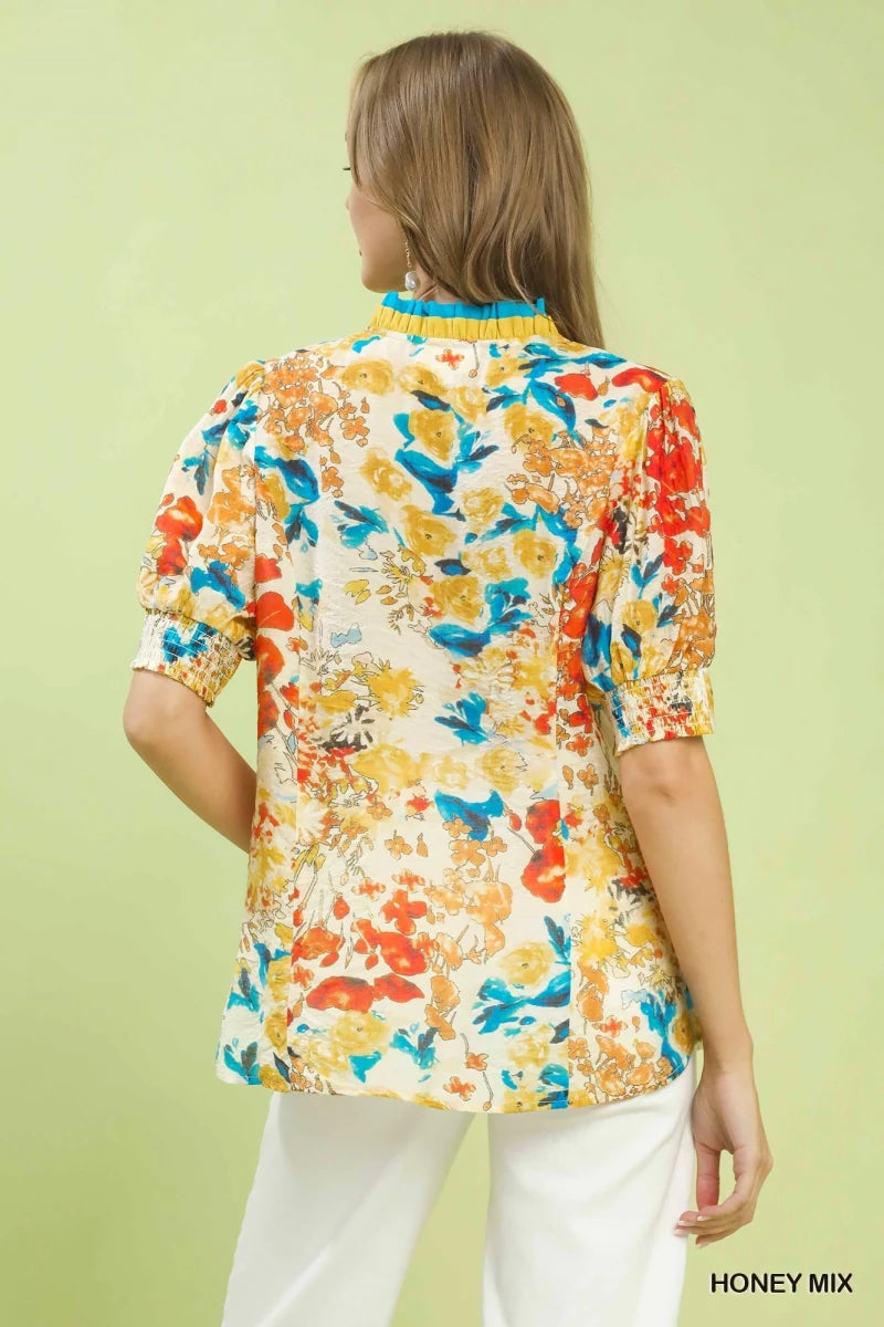 Umgee Floral Contrast Pleat Neck Top | Tops | 3