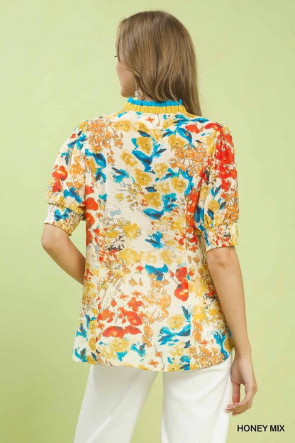 Umgee Floral Contrast Pleat Neck Top | Tops | 3