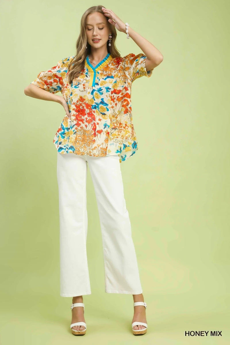 Umgee Floral Contrast Pleat Neck Top | Tops | 4