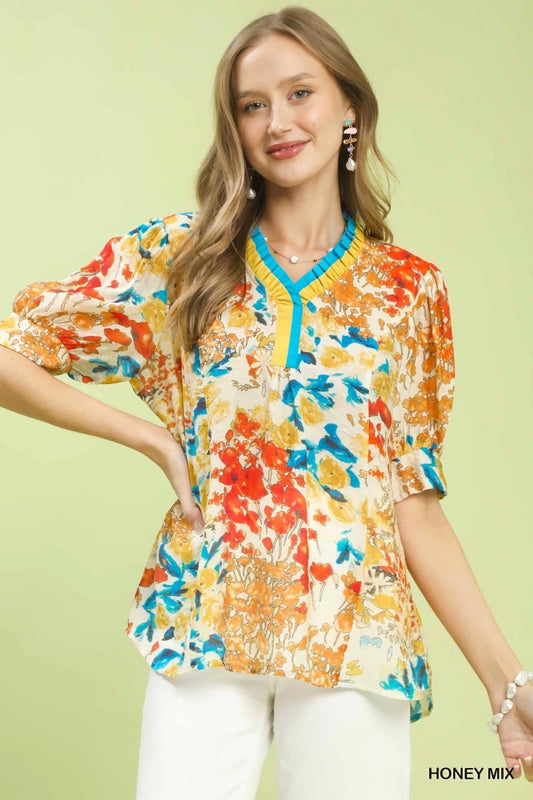 Umgee Floral Contrast Pleat Neck Top | Tops | 1